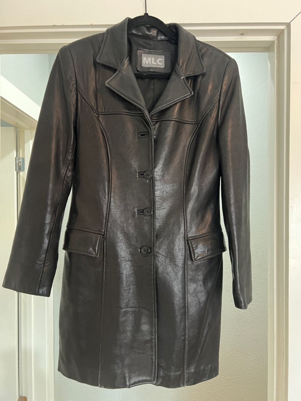 Vintage MLC Long Black Leather Women's Button-Front Coat